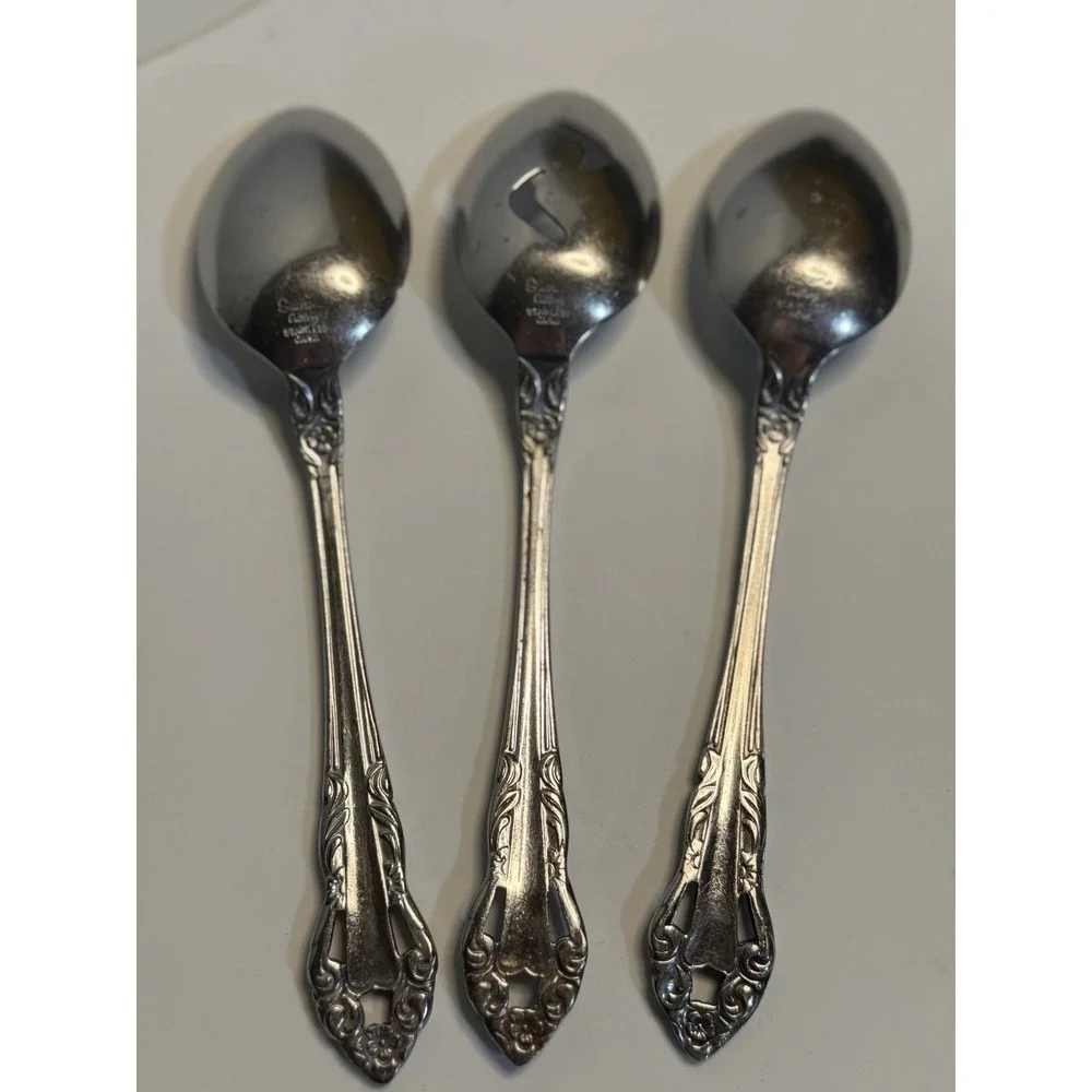VTG Supreme Cutlery Silver Serving Spoons‎ Slotted Floral Scroll Stainless Japan